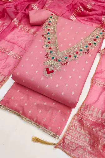 Pink chanderi  embroidered unstitched dressmaterials 3 pair top bottom dupptaa