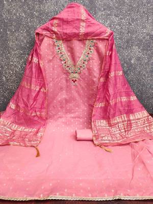 Pink chanderi  embroidered unstitched dressmaterials 3 pair top bottom dupptaa 4