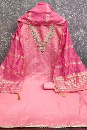 Pink chanderi  embroidered unstitched dressmaterials 3 pair top bottom dupptaa