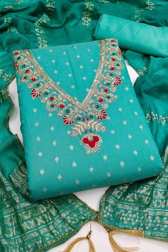 Indigo chanderi embroidered unstitched dressmaterials 3 pair top bottom dupptaa