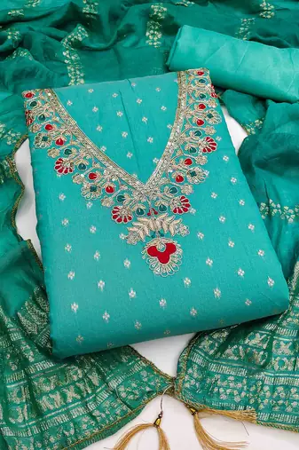 Indigo chanderi embroidered unstitched dressmaterials 3 pair top bottom dupptaa