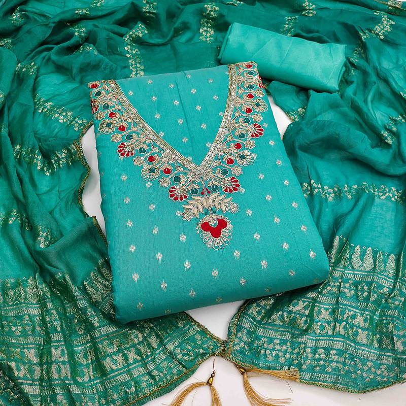 Indigo chanderi embroidered unstitched dressmaterials 3 pair top bottom dupptaa