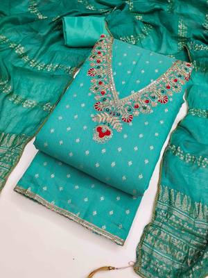 Indigo chanderi embroidered unstitched dressmaterials 3 pair top bottom dupptaa 2