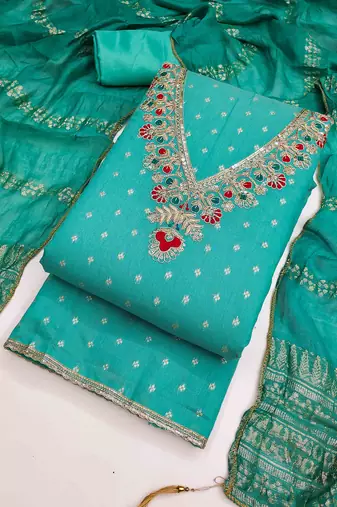 Indigo chanderi embroidered unstitched dressmaterials 3 pair top bottom dupptaa