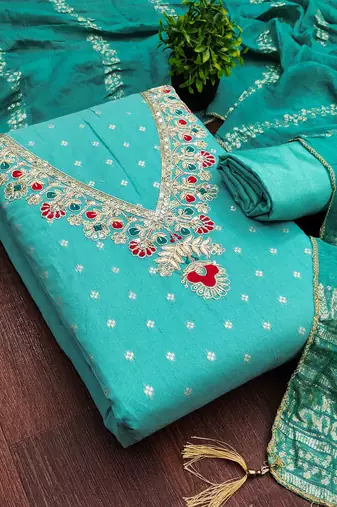 Indigo chanderi embroidered unstitched dressmaterials 3 pair top bottom dupptaa