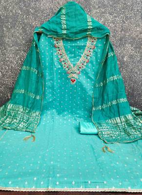 Indigo chanderi embroidered unstitched dressmaterials 3 pair top bottom dupptaa 4