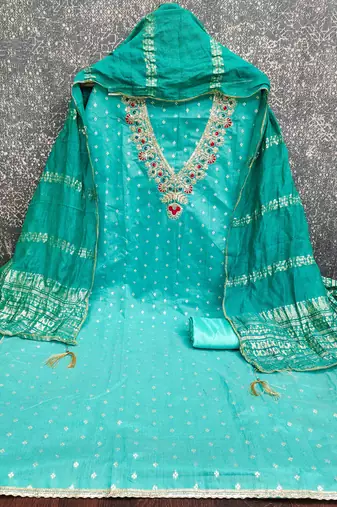Indigo chanderi embroidered unstitched dressmaterials 3 pair top bottom dupptaa