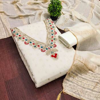 White chanderi embroidered unstitched dressmaterials 3 pair top bottom dupptaa 1