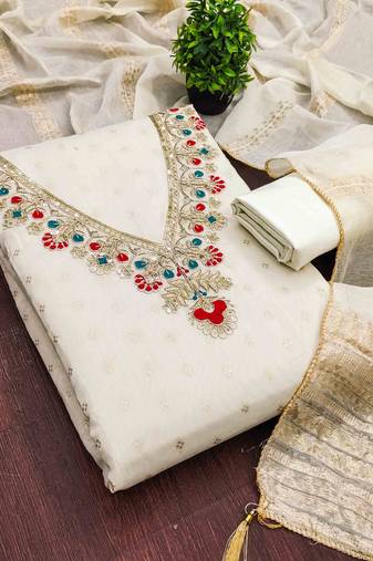 White chanderi embroidered unstitched dressmaterials 3 pair top bottom dupptaa