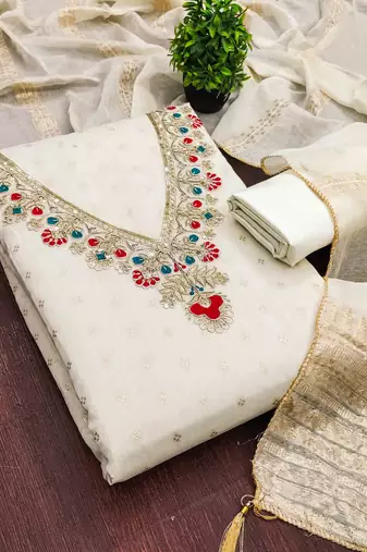 White chanderi embroidered unstitched dressmaterials 3 pair top bottom dupptaa