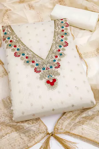 White chanderi embroidered unstitched dressmaterials 3 pair top bottom dupptaa