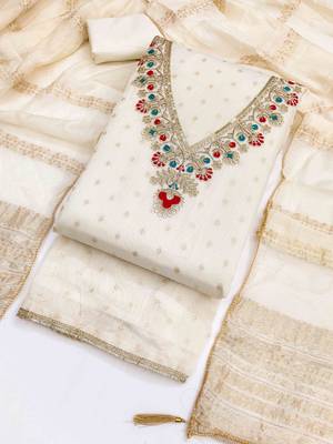 White chanderi embroidered unstitched dressmaterials 3 pair top bottom dupptaa 3