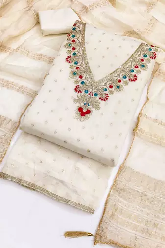 White chanderi embroidered unstitched dressmaterials 3 pair top bottom dupptaa
