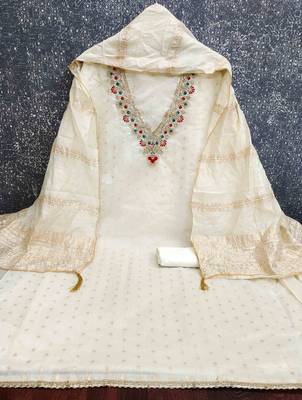 White chanderi embroidered unstitched dressmaterials 3 pair top bottom dupptaa 4