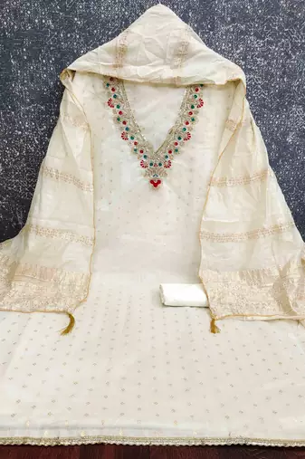White chanderi embroidered unstitched dressmaterials 3 pair top bottom dupptaa
