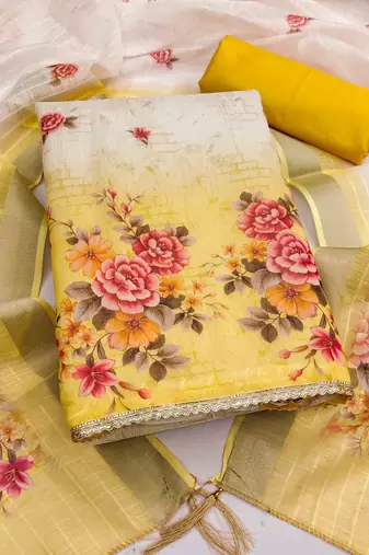 Gold silk embroidered unstitched dressmaterials 3 pair top bottom dupptaa