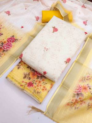Gold silk embroidered unstitched dressmaterials 3 pair top bottom dupptaa 3