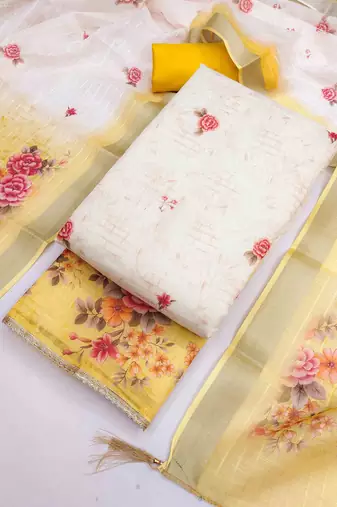 Gold silk embroidered unstitched dressmaterials 3 pair top bottom dupptaa