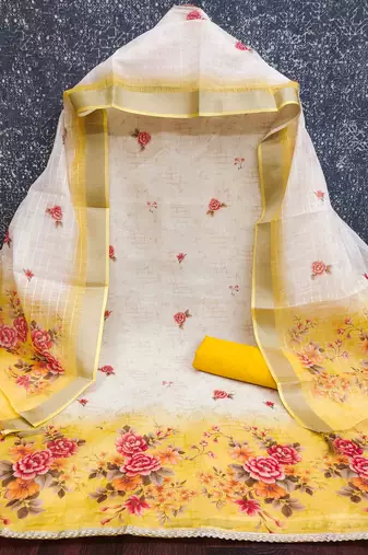 Gold silk embroidered unstitched dressmaterials 3 pair top bottom dupptaa