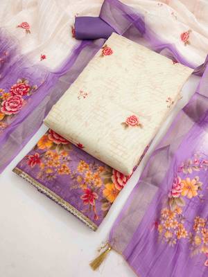Lavender silk embroidered unstitched dressmaterials 3 pair top bottom dupptaa 1