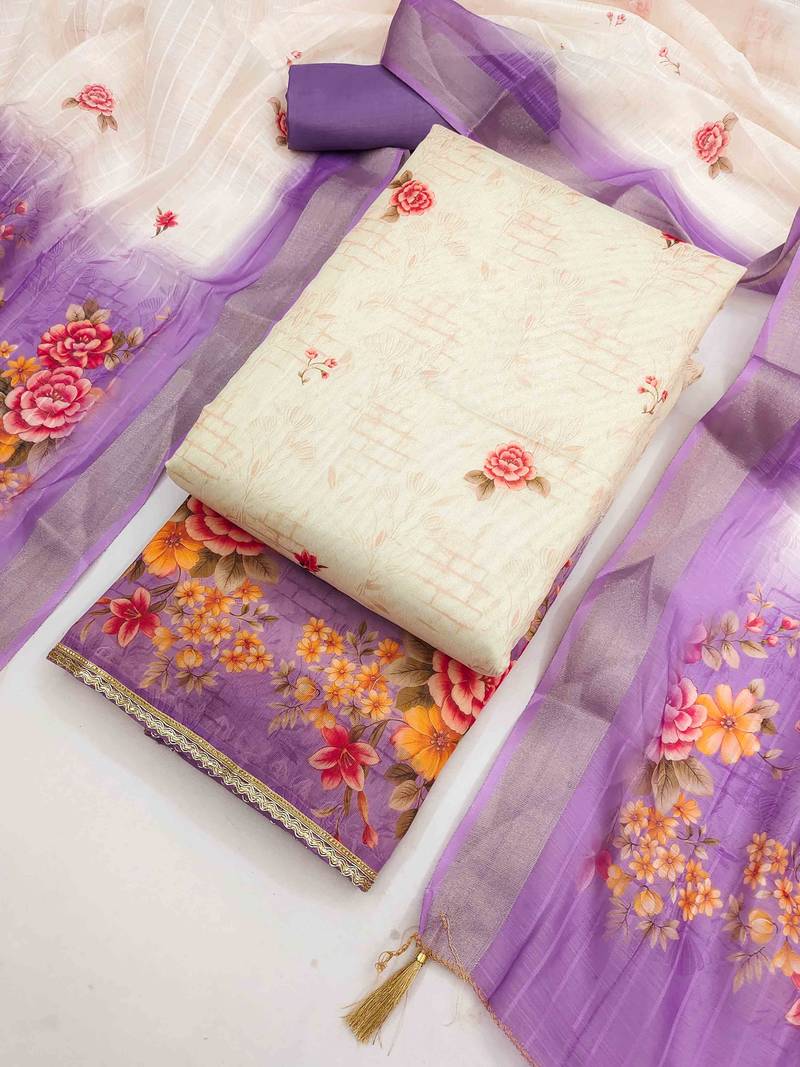 Lavender silk embroidered unstitched dressmaterials 3 pair top bottom dupptaa