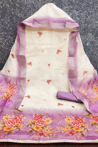 Lavender silk embroidered unstitched dressmaterials 3 pair top bottom dupptaa