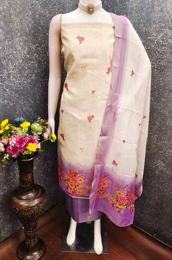 Lavender silk embroidered unstitched dressmaterials 3 pair top bottom dupptaa