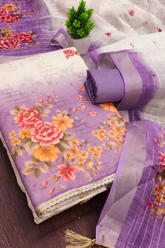 Lavender silk embroidered unstitched dressmaterials 3 pair top bottom dupptaa