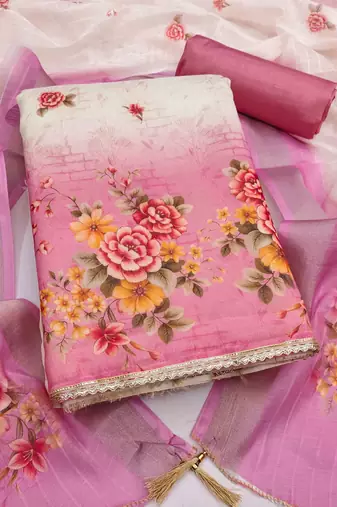 pink silk blend embroidered unstitched dressmaterials 3 pair top bottom dupptaa