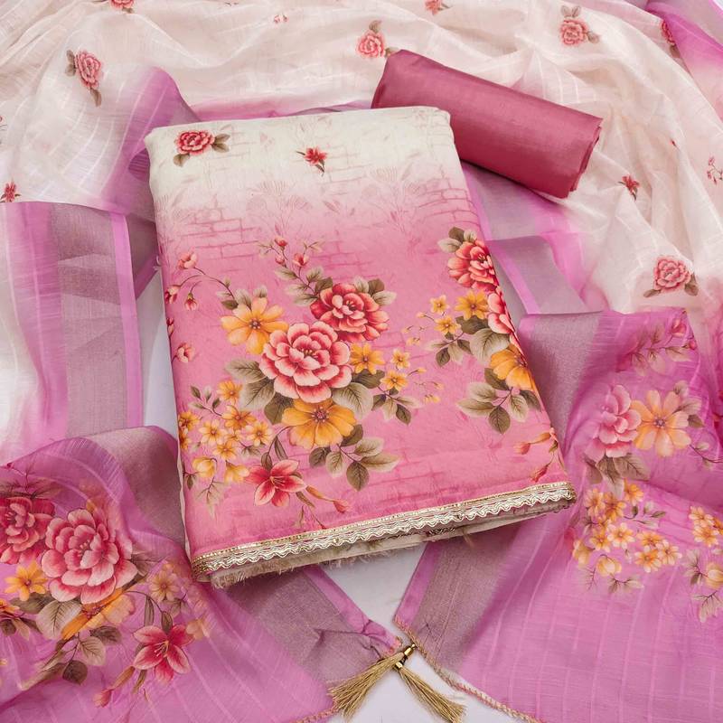 Pink silk  embroidered unstitched dressmaterials 3 pair top bottom dupptaa