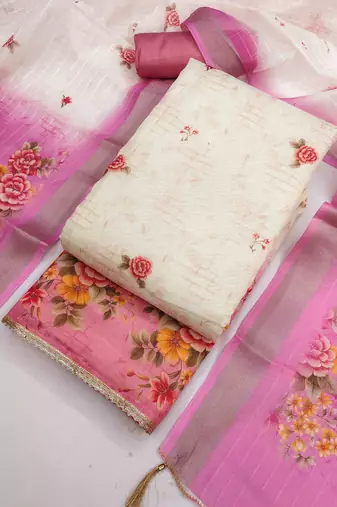 pink silk blend embroidered unstitched dressmaterials 3 pair top bottom dupptaa
