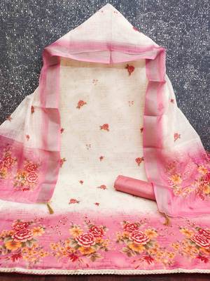Pink silk  embroidered unstitched dressmaterials 3 pair top bottom dupptaa 3
