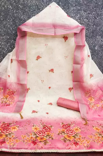 pink silk blend embroidered unstitched dressmaterials 3 pair top bottom dupptaa