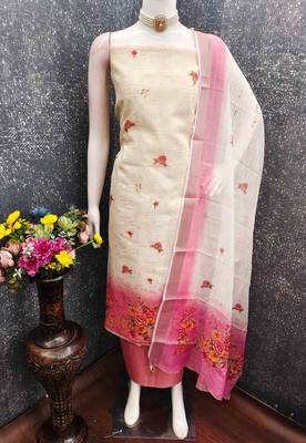 Pink silk  embroidered unstitched dressmaterials 3 pair top bottom dupptaa 4