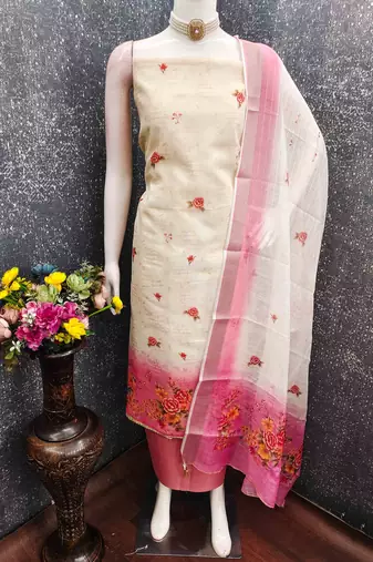pink silk blend embroidered unstitched dressmaterials 3 pair top bottom dupptaa
