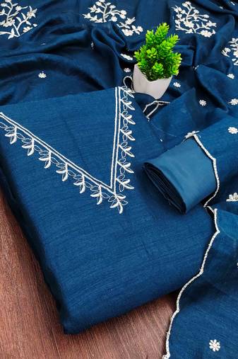 blue silk blend embroidered unstitched dressmaterials 3 pair top bottom dupptaa