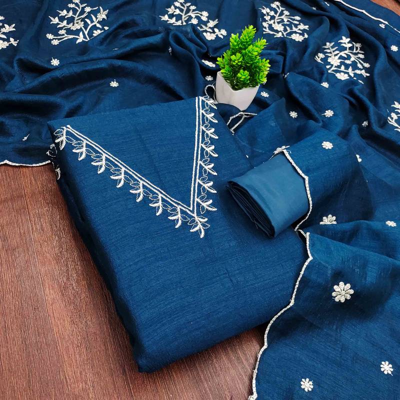 Blue silk  embroidered unstitched dressmaterials 3 pair top bottom dupptaa