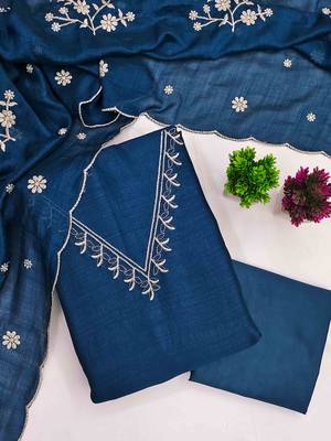 Blue silk  embroidered unstitched dressmaterials 3 pair top bottom dupptaa 2