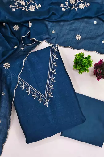 blue silk blend embroidered unstitched dressmaterials 3 pair top bottom dupptaa