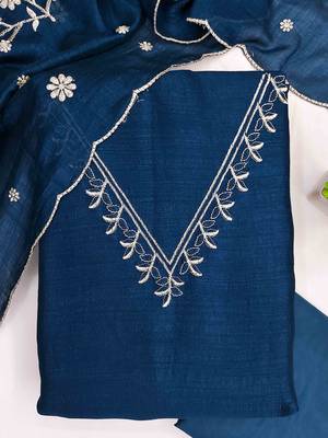 Blue silk  embroidered unstitched dressmaterials 3 pair top bottom dupptaa 3