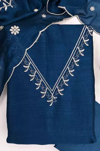 blue silk blend embroidered unstitched dressmaterials 3 pair top bottom dupptaa