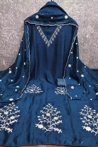 blue silk blend embroidered unstitched dressmaterials 3 pair top bottom dupptaa