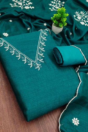 indigo silk blend embroidered unstitched dressmaterials 3 pair top bottom dupptaa