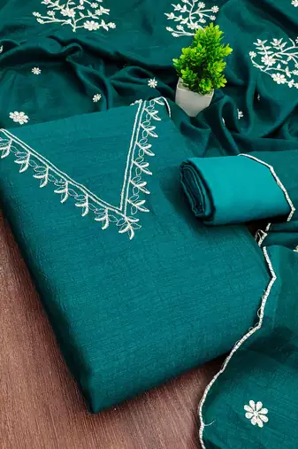 indigo silk blend embroidered unstitched dressmaterials 3 pair top bottom dupptaa