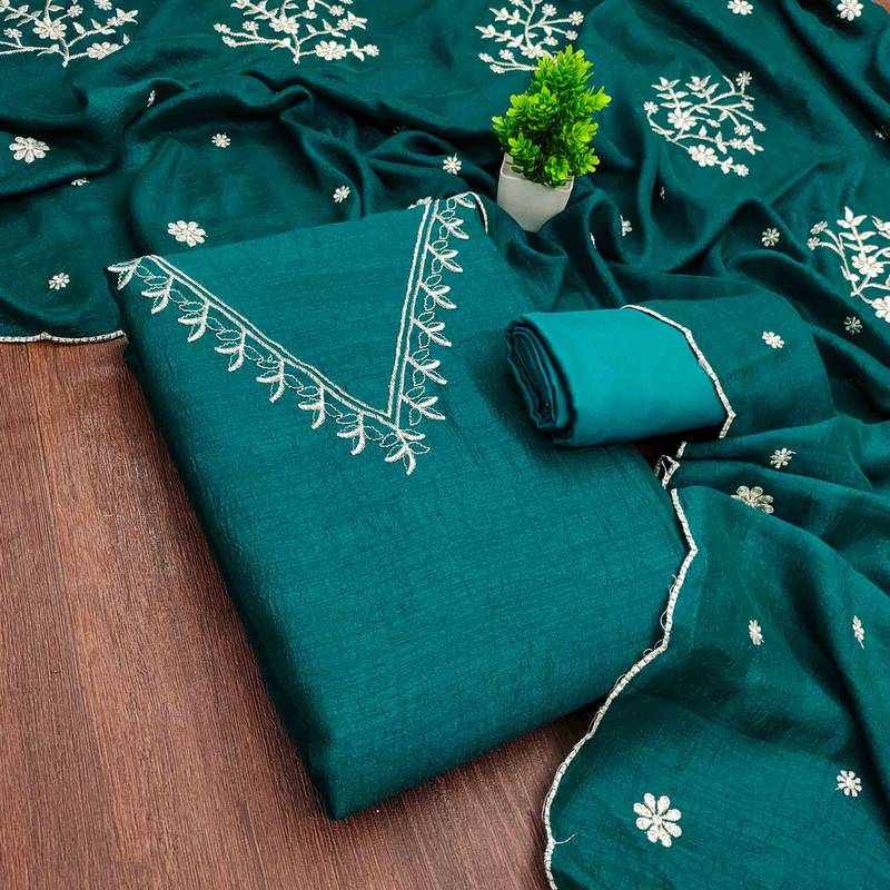 Indigo silk embroidered unstitched dressmaterials 3 pair top bottom dupptaa