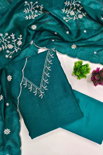 indigo silk blend embroidered unstitched dressmaterials 3 pair top bottom dupptaa