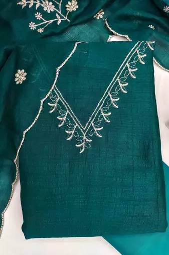 indigo silk blend embroidered unstitched dressmaterials 3 pair top bottom dupptaa