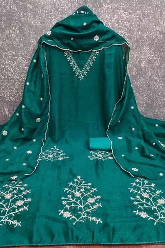 indigo silk blend embroidered unstitched dressmaterials 3 pair top bottom dupptaa