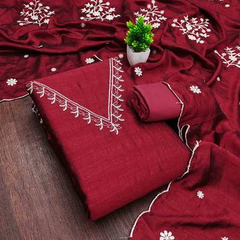 Red silk embroidered unstitched dressmaterials 3 pair top bottom dupptaa 1