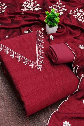 red silk blend embroidered unstitched dressmaterials 3 pair top bottom dupptaa